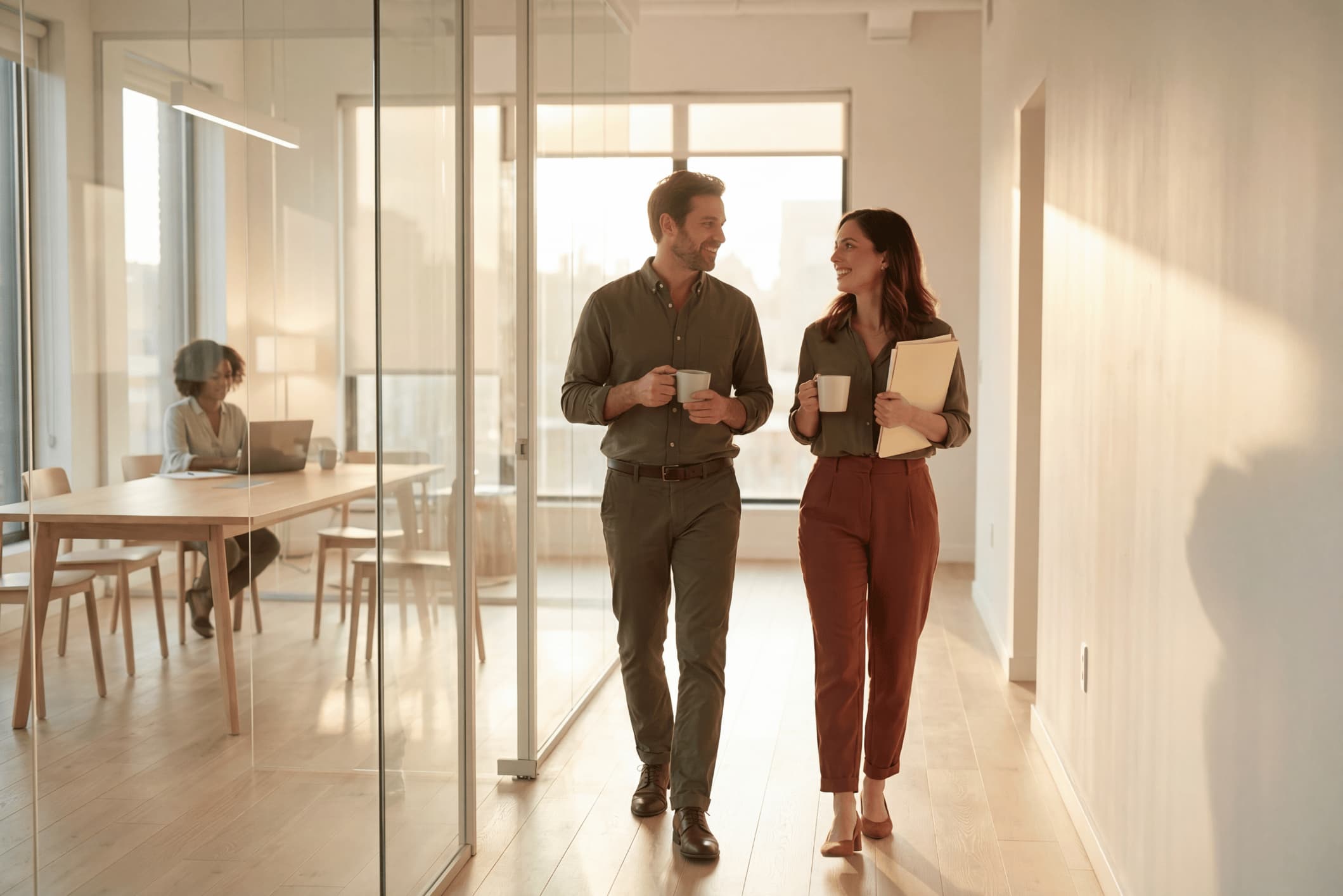 Two colleagues walking down a hallway.