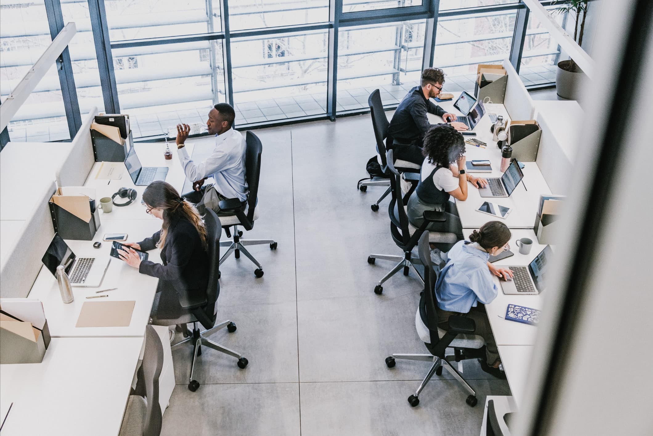 Aerial view of people working in an office on laptops.